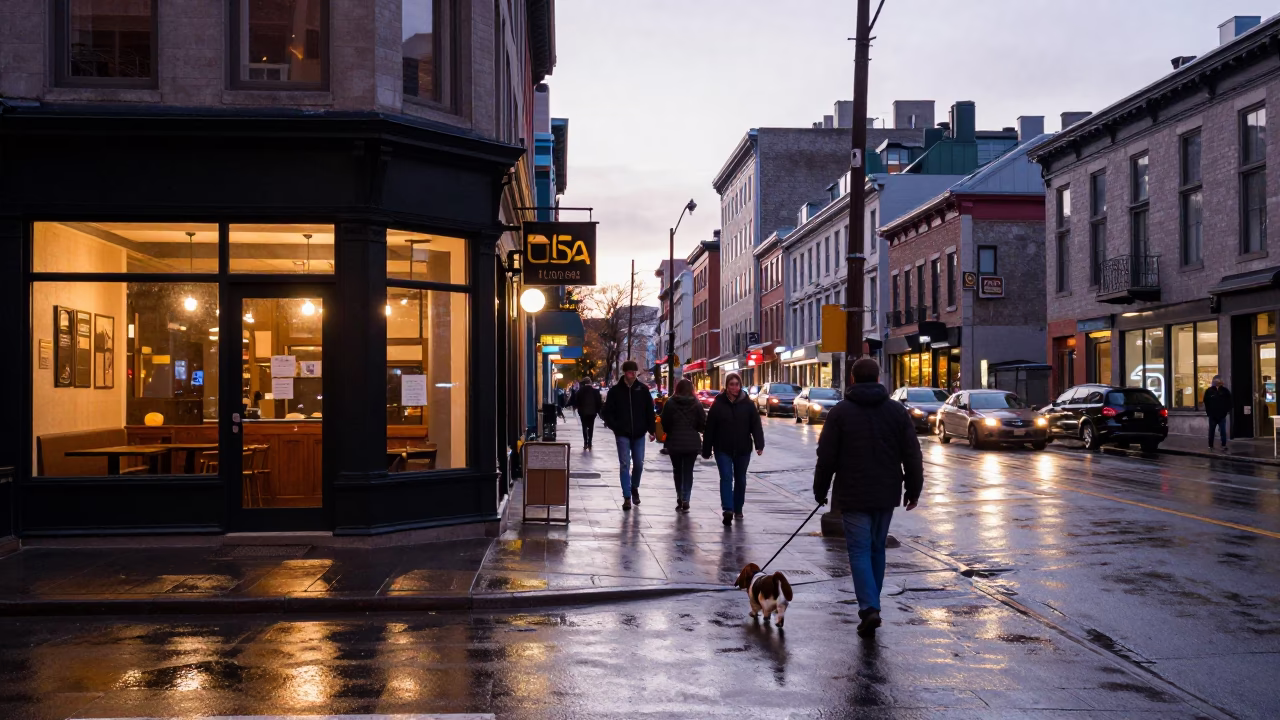 Montreal Dawn Street Scene with Basset Hound and Glass Tumblers in in Montreal, Quebec, Canada