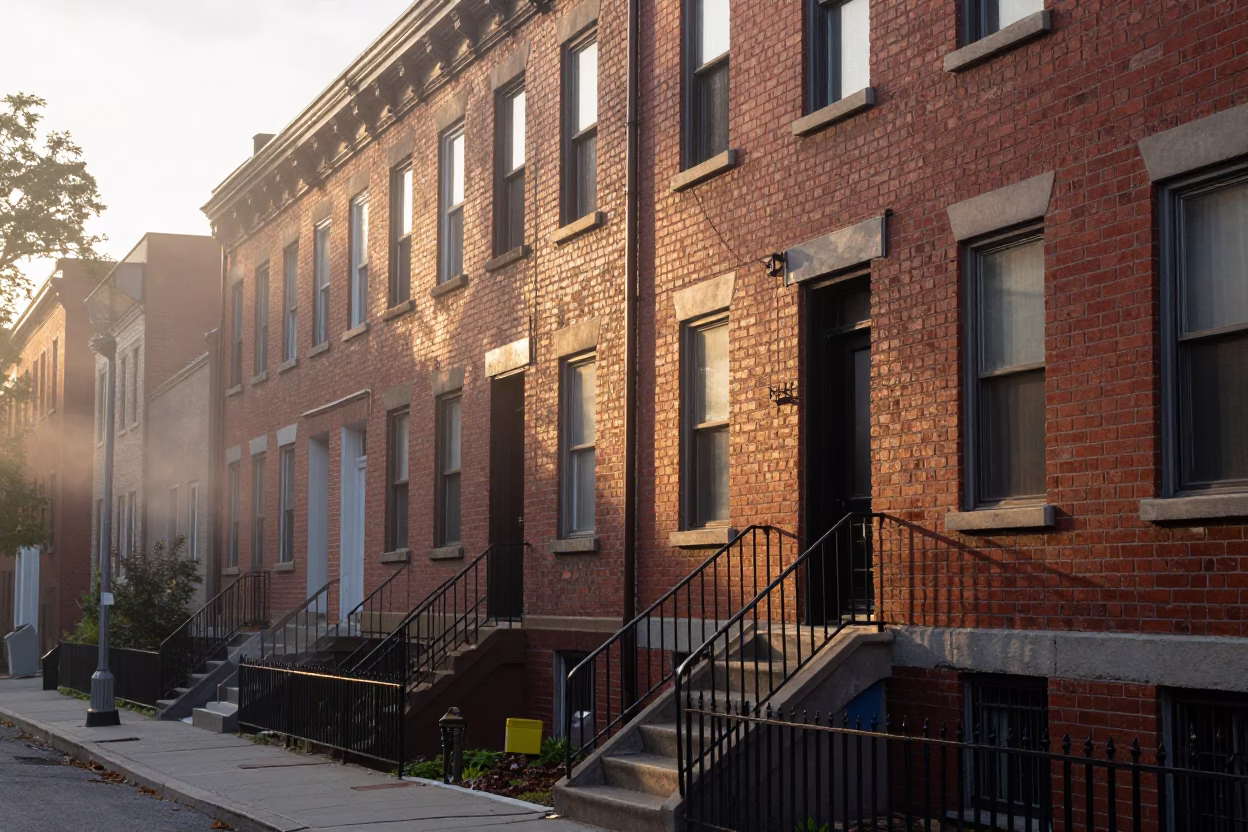 Montreal Dawn Street Scene with Brick Architecture and Morning Mist in in Montreal, Quebec, Canada