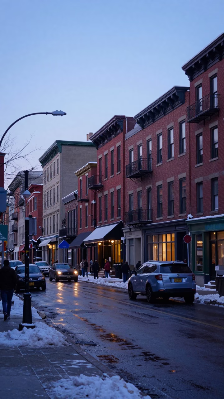 Montreal Dawn Street Scene with Snow, Brick Buildings, and Early Morning Activity in in Montreal, Quebec, Canada