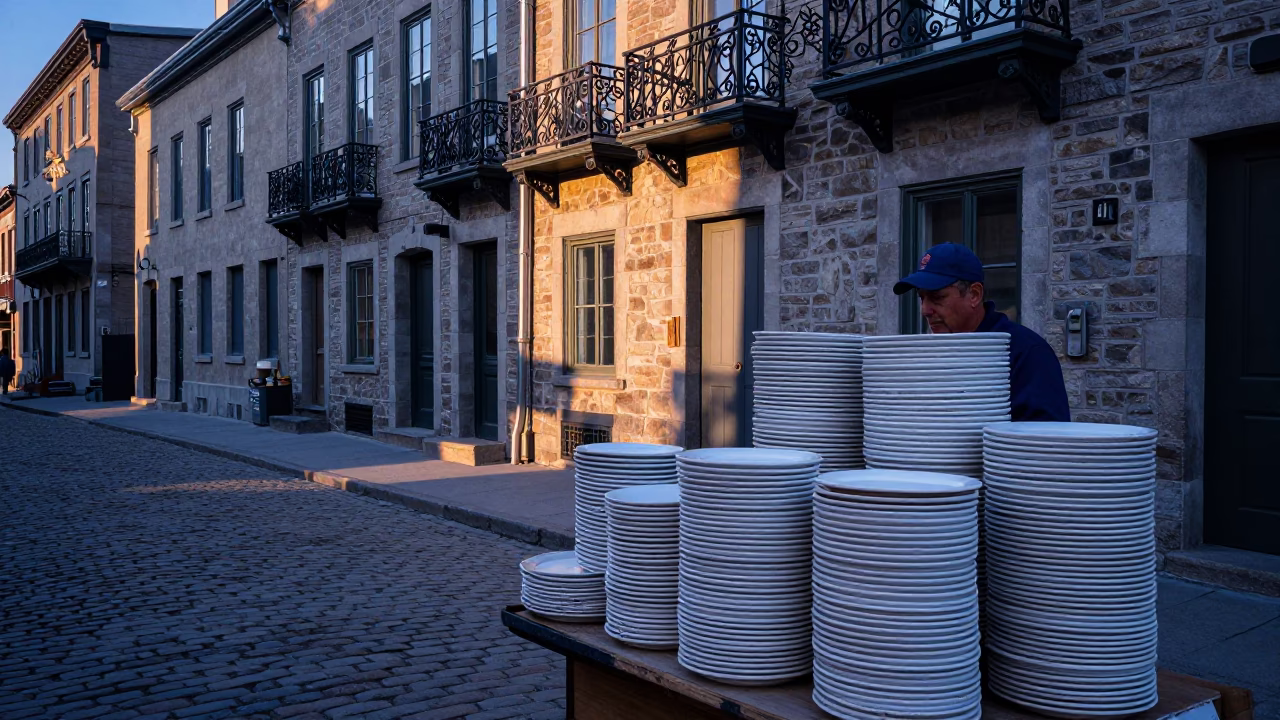 Montreal Dawn Street Scene with Stacked Plates and Scuffed Wood in in Montreal, Quebec, Canada