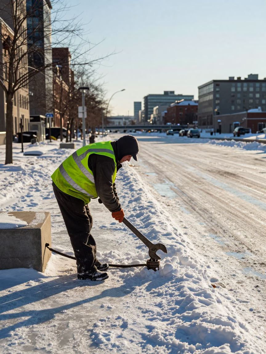 Montreal District Heating Corridor Snow Clearing in Late Afternoon Light in in Montreal, Quebec, Canada