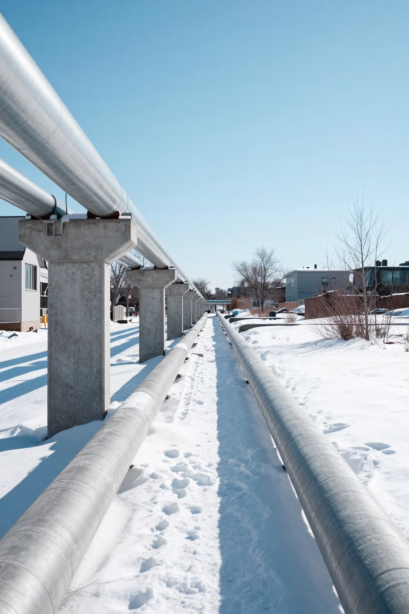 Montreal District Heating Pipe Corridor Under Noon Sun Snow Covered Ground in in Montreal, Quebec, Canada