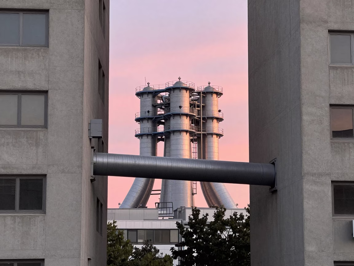 Montreal District Heating Pipes Between Concrete Apartment Blocks in Early Evening in in Montreal, Quebec, Canada