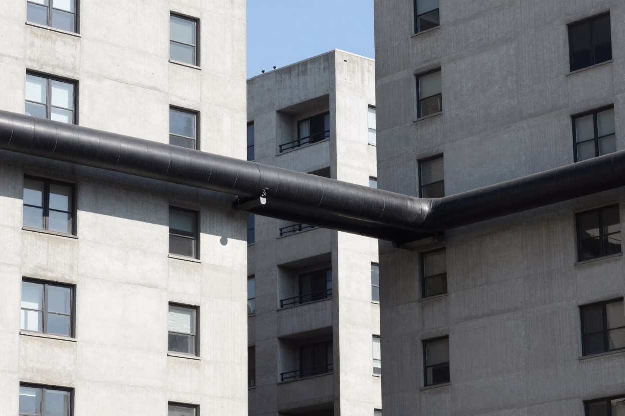Montreal District Heating Pipes Crossing Between Concrete Apartment Blocks in Bright Midmorning Light in in Montreal, Quebec, Canada