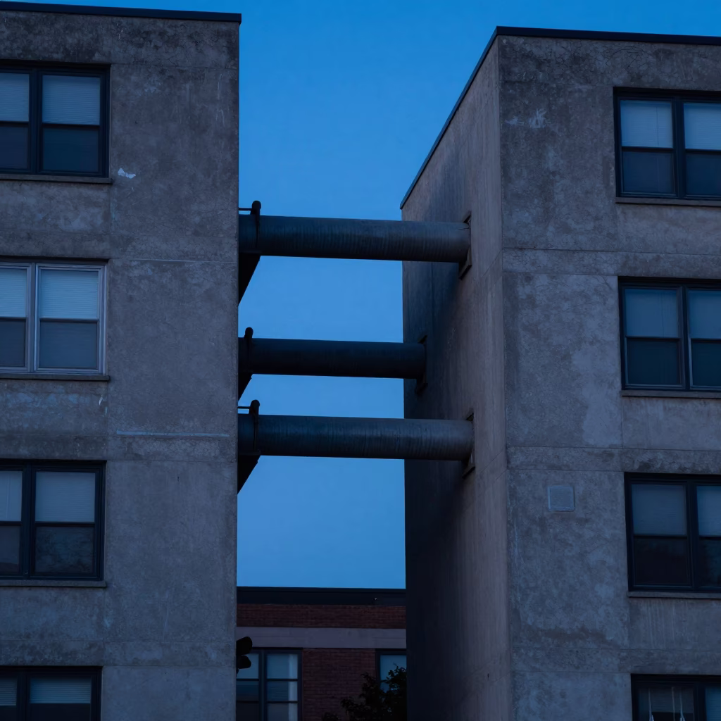 Montreal District Heating Pipes Crossing Concrete Apartment Blocks Before Dawn in Quebec in in Montreal, Quebec, Canada