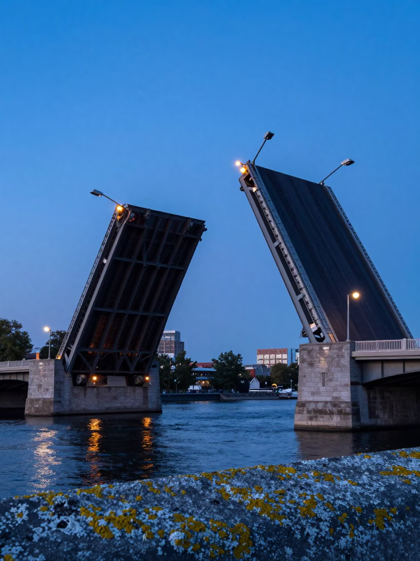 Montreal Drawbridge at Dawn with Lichen and Urban Morning Light in in Montreal, Quebec, Canada