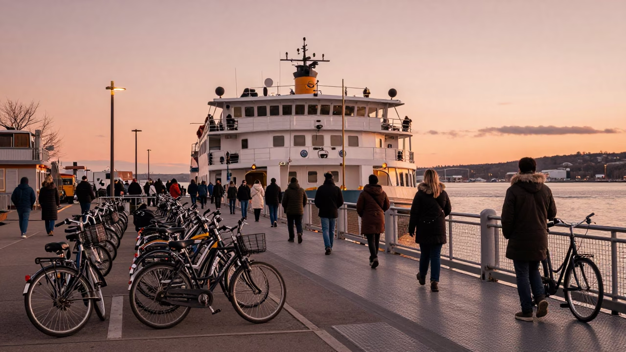 Montreal Dusk Ferry Loading Passengers with Bicycles at the Old Port in in Montreal, Quebec, Canada
