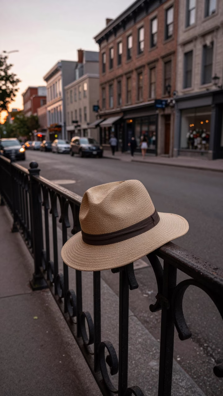 Montreal Dusk Street Scene with Vintage Sun Hat and Urban Details in in Montreal, Quebec, Canada