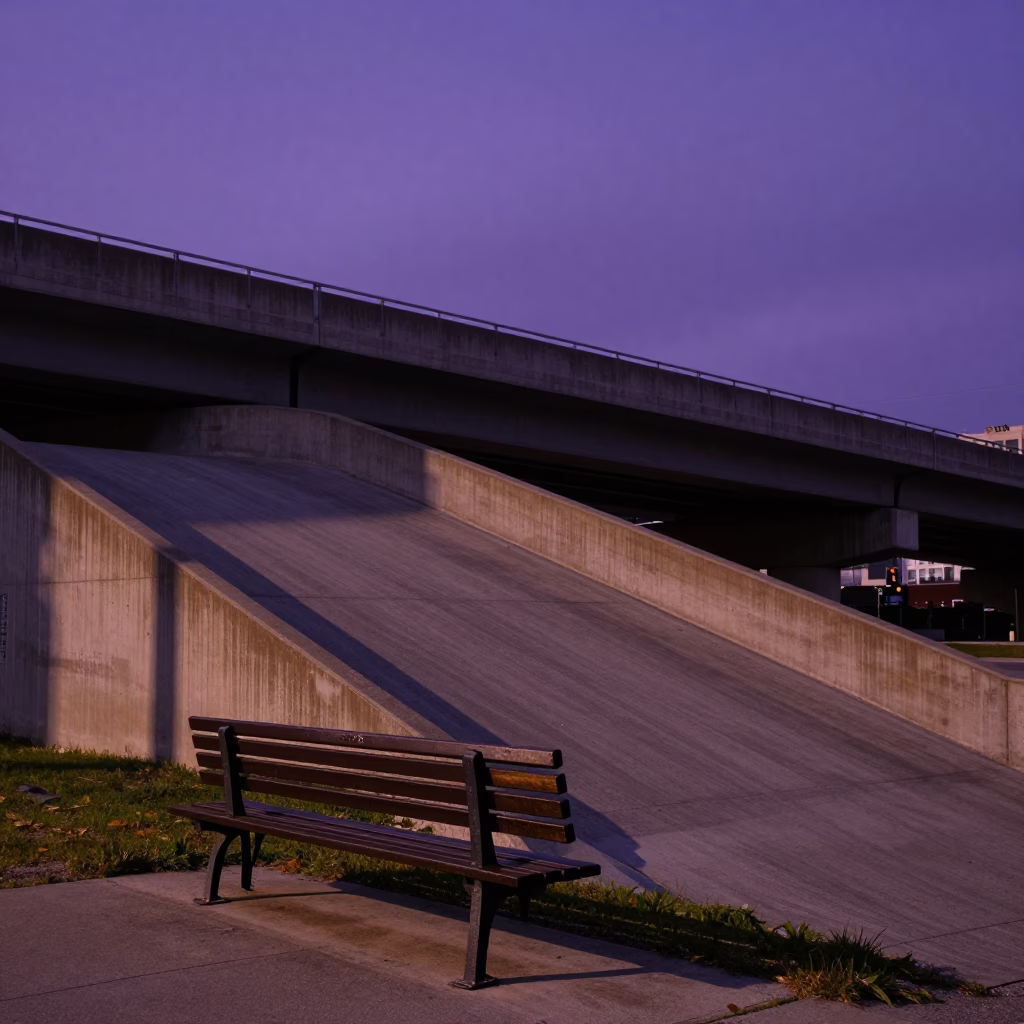 Montreal Early Evening Overpass Ramp Against Violet Sky With Bench And Carafe in in Montreal, Quebec, Canada