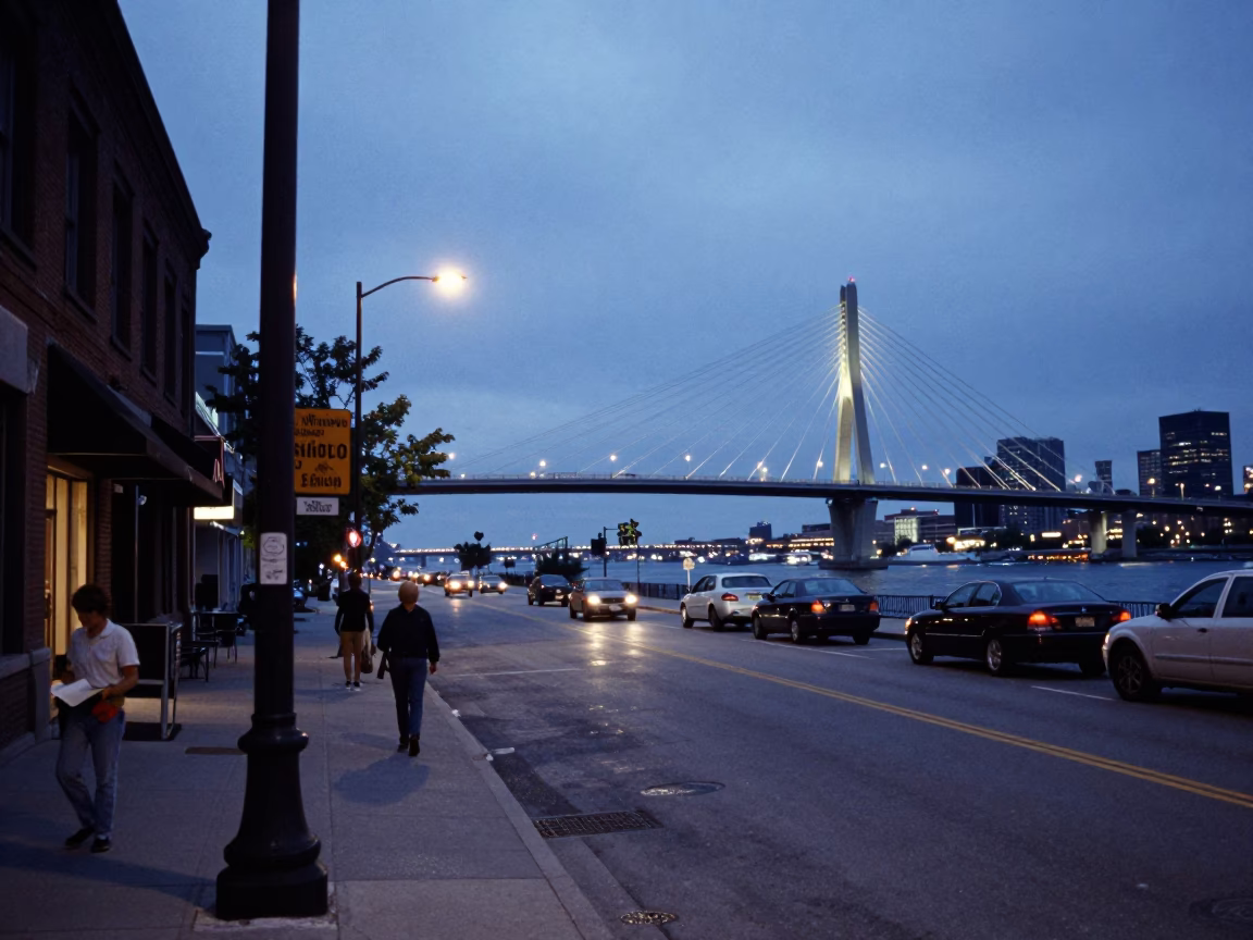 Montreal Early Evening Street Scene with Cable-Stayed Bridge and Local Urban Details in in Montreal, Quebec, Canada