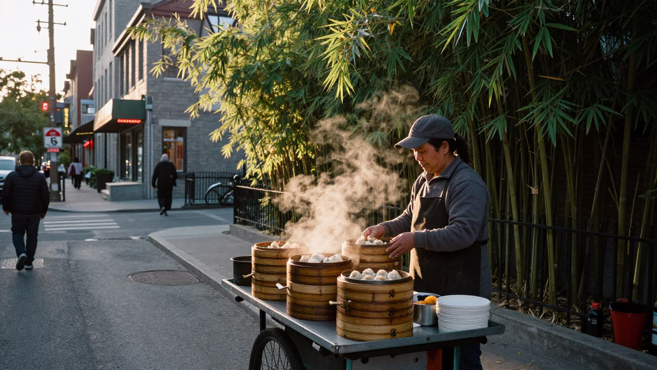 Montreal Early Evening Street Scene with Sunlight and Bamboo Steamers in in Montreal, Quebec, Canada