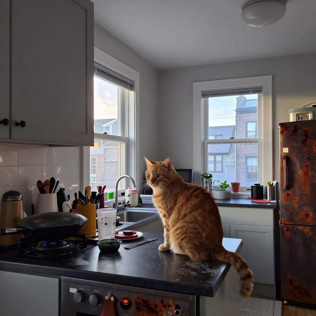 Montreal Early Morning Kitchen with Orange Cat and Rusty Cabinet Latch in in Montreal, Quebec, Canada