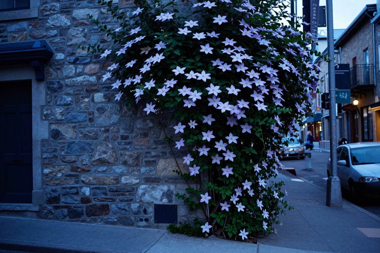 Montreal Evening Blue Hour Street Scene with Clematis Vine and Stone Wall in in Montreal, Quebec, Canada