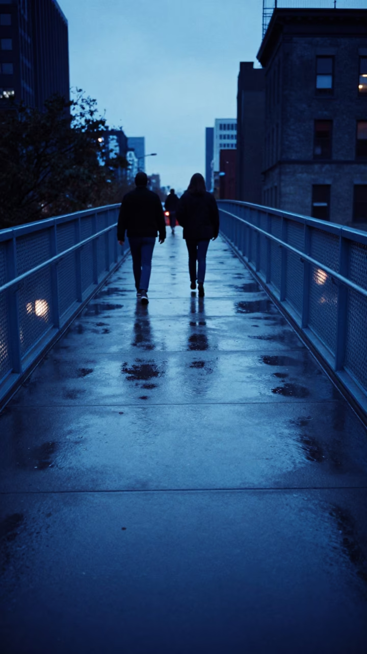 Montreal Evening Pedestrian Overpass Perforated Metal Wet Footsteps Blue Hour in in Montreal, Quebec, Canada