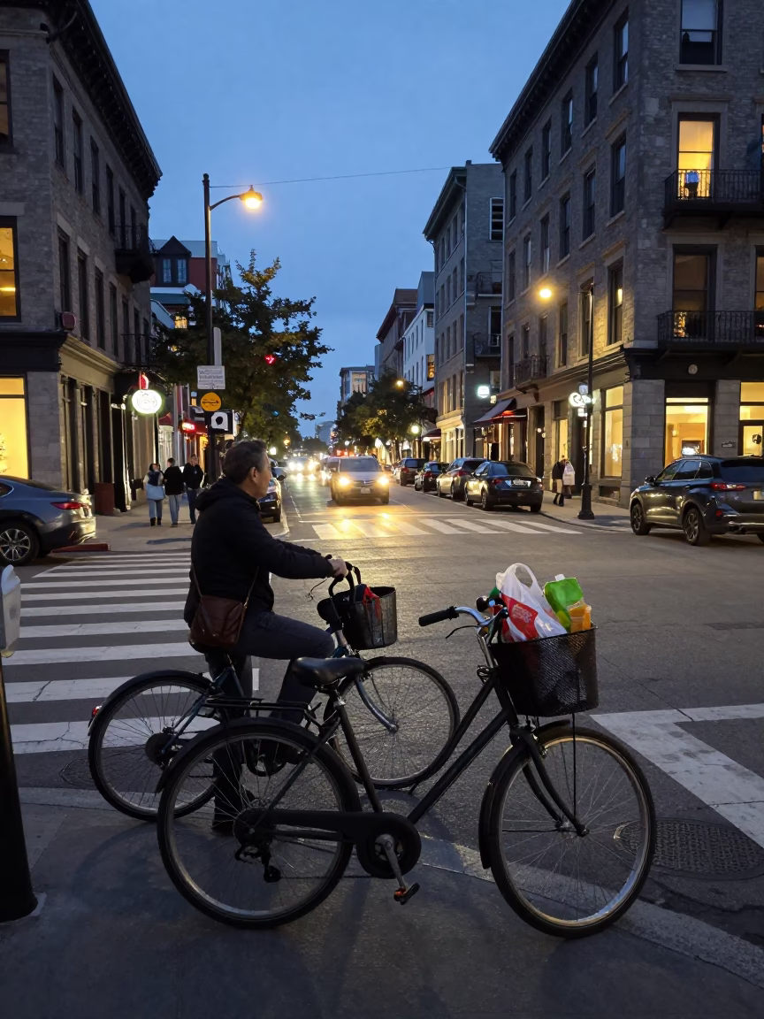 Montreal Evening Street Scene with Bicycle Basket and Urban Life at Dusk in in Montreal, Quebec, Canada