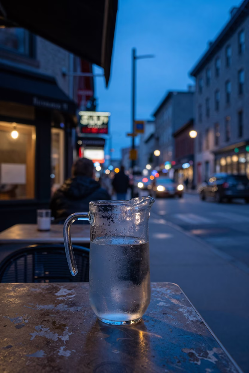 Montreal Evening Street Scene with Condensation on Glass Pitcher Handle and Oil Lamp Glow in in Montreal, Quebec, Canada