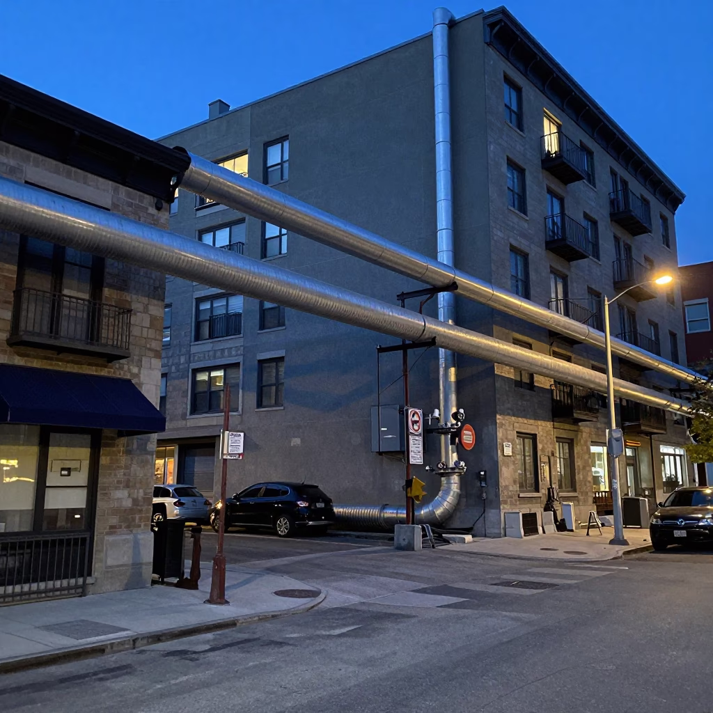 Montreal Evening Street Scene with District Heating Pipes and Urban Life in in Montreal, Quebec, Canada