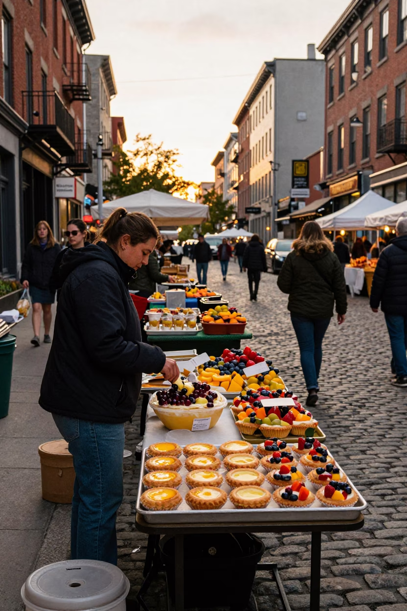 Montreal Evening Street Scene with Local Market Goods and Urban Architecture in in Montreal, Quebec, Canada