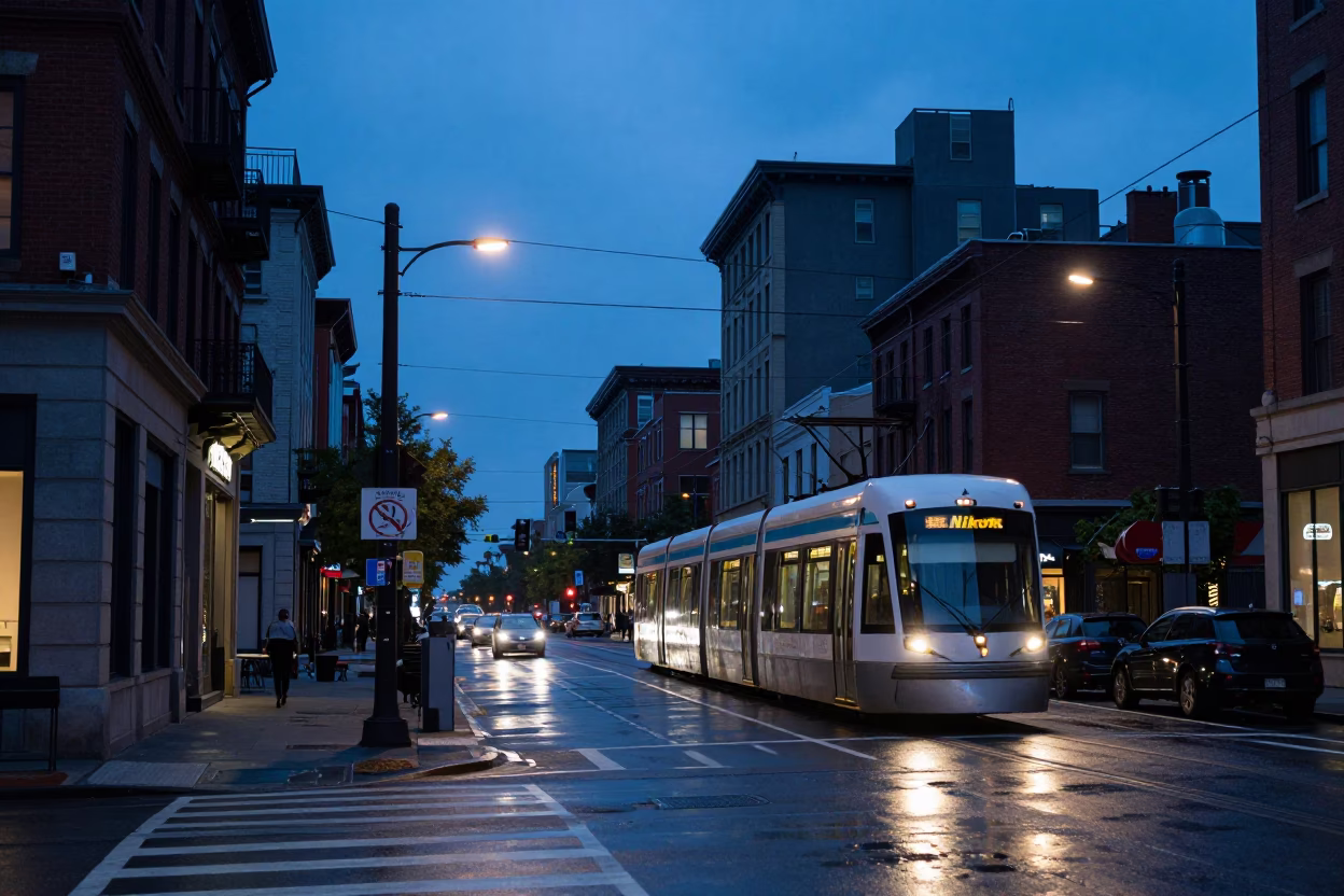 Montreal Evening Street Scene with Monorail and Urban Life in Quebec in in Montreal, Quebec, Canada