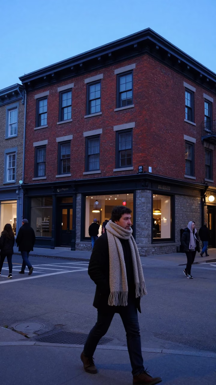 Montreal Evening Street Scene with Wool Scarves and Brick Architecture in in Montreal, Quebec, Canada