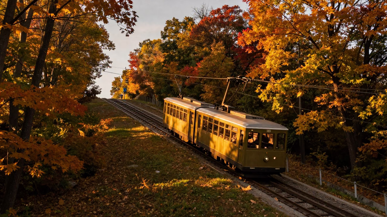 Montreal Funicular Ascending Hill in Honeyed Evening Light with Autumn Vines in in Montreal, Quebec, Canada
