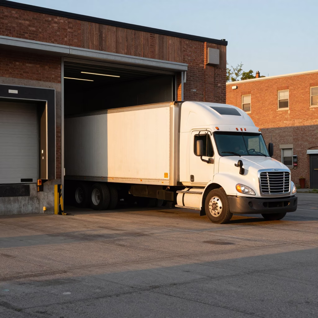 Montreal Golden Hour Loading Dock Semi-Trailer Delivery Scene in in Montreal, Quebec, Canada