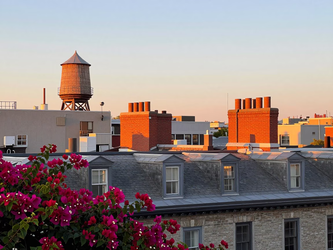 Montreal Golden Hour Rooftop View with Bougainvillea and Water Tower in in Montreal, Quebec, Canada