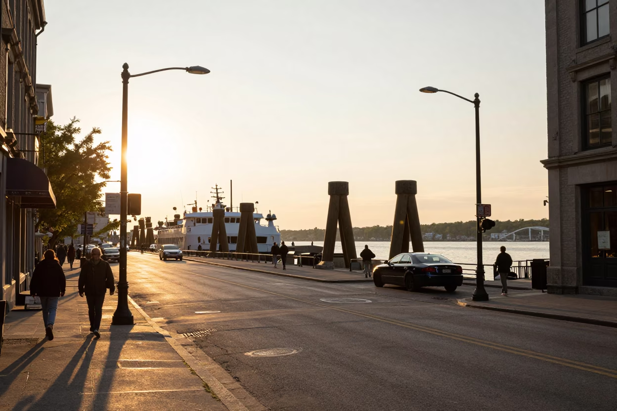 Montreal Golden Hour Street Scene with Ferry Piling and Local Life in in Montreal, Quebec, Canada
