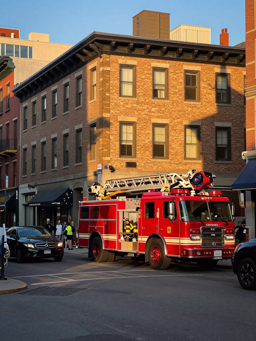 Montreal Golden Hour Street Scene with Fire Engine and Urban Activity in in Montreal, Quebec, Canada