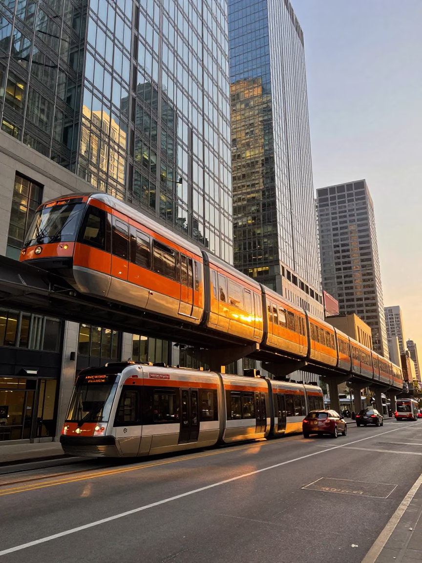 Montreal Golden Hour Street Scene with Monorail Reflection and Urban Details in in Montreal, Quebec, Canada