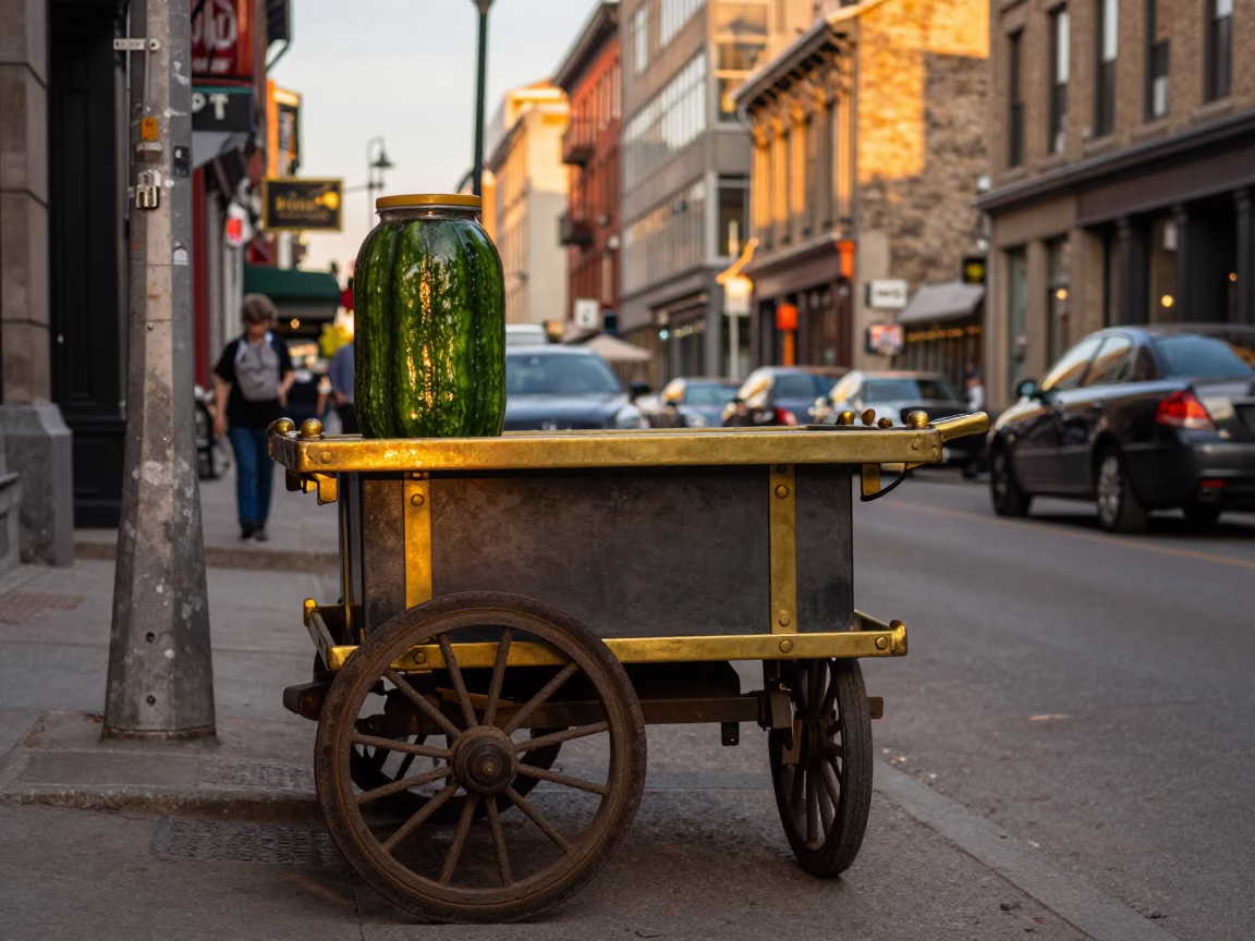 Montreal Golden Hour Street Scene with Pickle Jar and Caster Wheel in in Montreal, Quebec, Canada