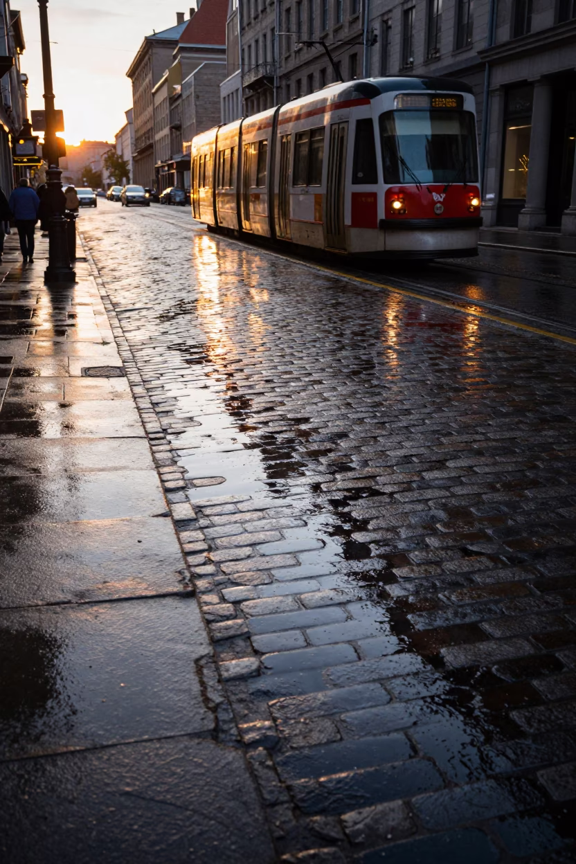 Montreal Golden Hour Street Scene with Tram Reflections on Wet Cobblestones in in Montreal, Quebec, Canada
