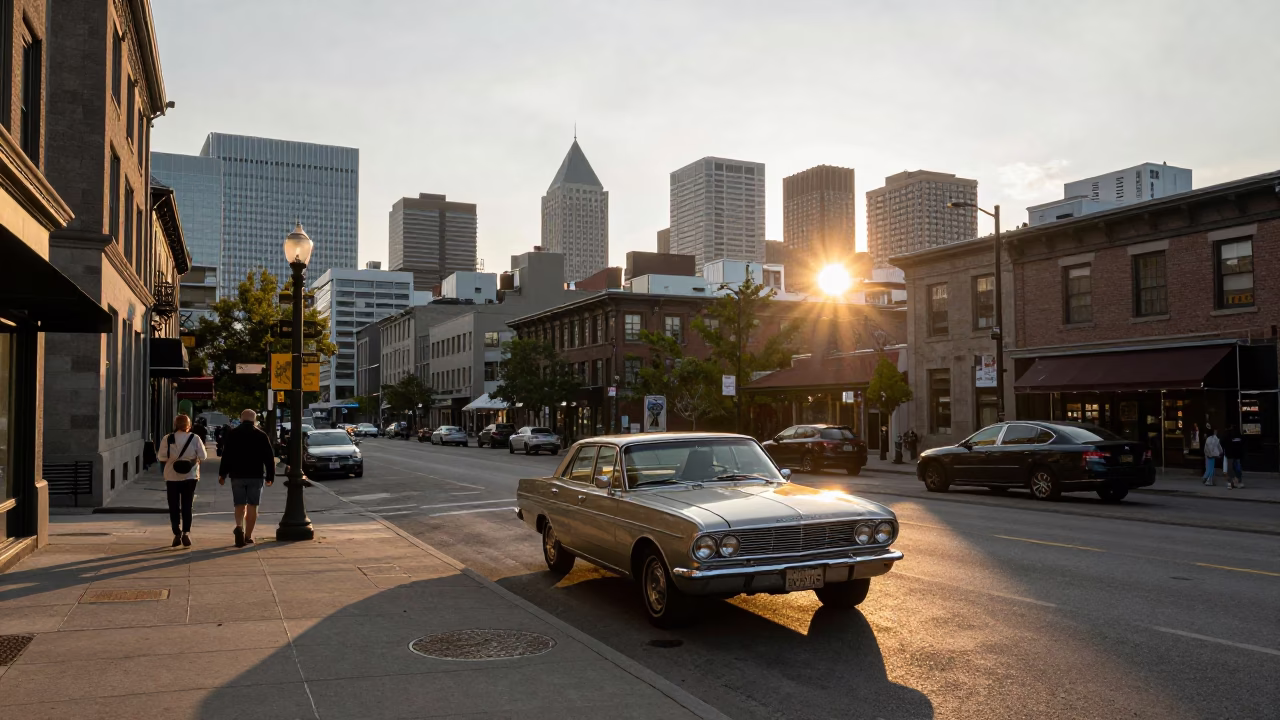 Montreal Golden Hour Street Scene with Vintage Car and Urban Architecture in in Montreal, Quebec, Canada