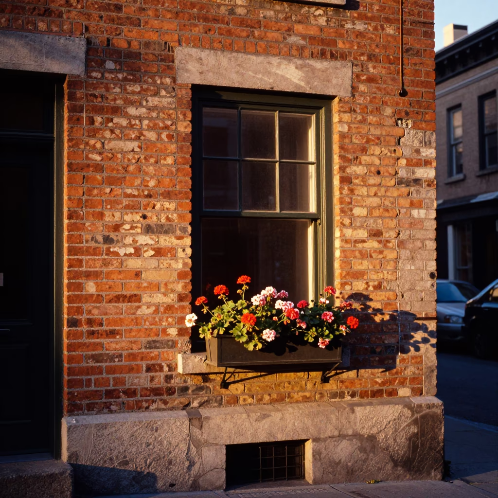Montreal Honeyed Evening Light Street Scene with Window Box and Brass Edge in in Montreal, Quebec, Canada