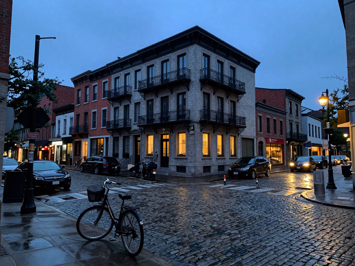 Montreal Indigo Twilight Street Scene with Bicycle and Urban Architecture in in Montreal, Quebec, Canada