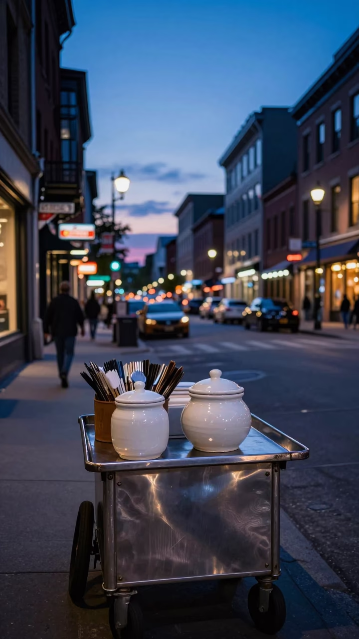 Montreal Indigo Twilight Street Scene with Brushed Steel Tray and Blue Porcelain Jar in in Montreal, Quebec, Canada