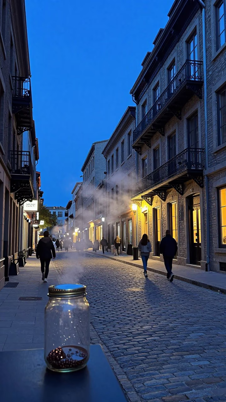 Montreal Indigo Twilight Street Scene with Glass Jar and Hatbox on Busy Sidewalk in in Montreal, Quebec, Canada