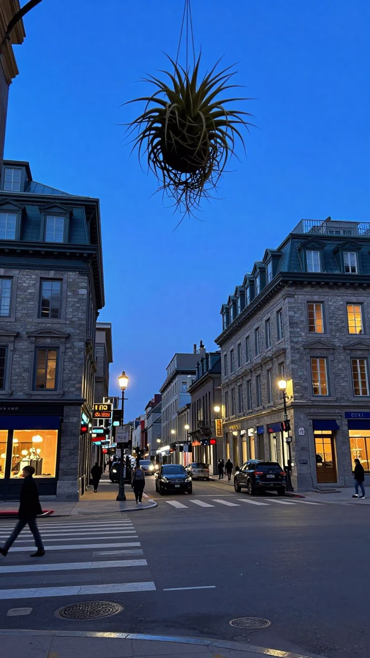 Montreal Indigo Twilight Street Scene with Hanging Air Plant and Urban Life in in Montreal, Quebec, Canada