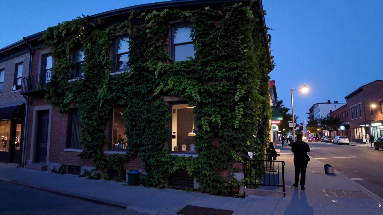 Montreal Indigo Twilight Street Scene with Ivy and Local Life in in Montreal, Quebec, Canada