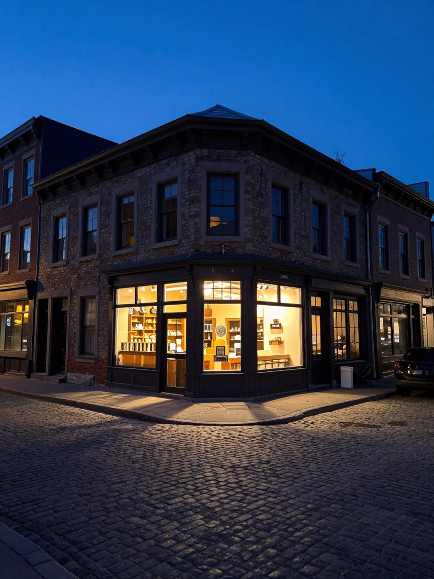 Montreal Indigo Twilight Street Scene with Local Shop Details in in Montreal, Quebec, Canada