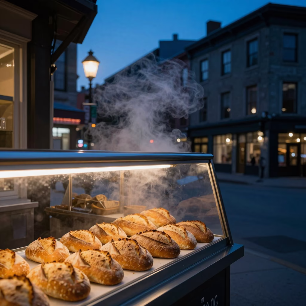 Montreal Indigo Twilight Street Scene with Steam and Bread in in Montreal, Quebec, Canada