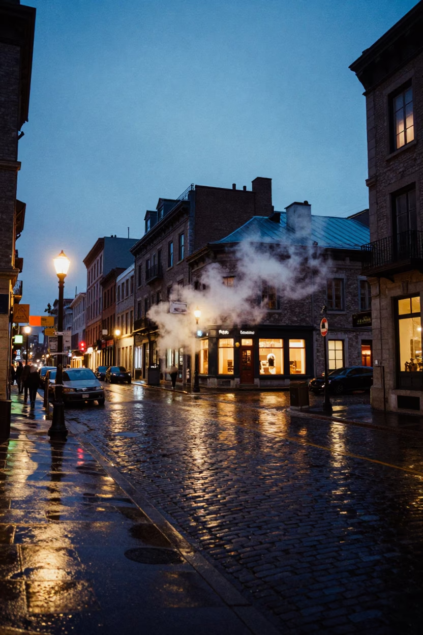 Montreal Indigo Twilight Street Scene with Steam and Urban Details in in Montreal, Quebec, Canada