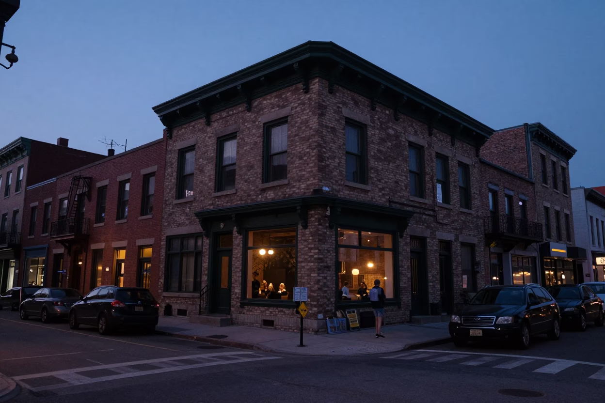 Montreal Indigo Twilight Street Scene with Vintage 1970s Urban Details in in Montreal, Quebec, Canada
