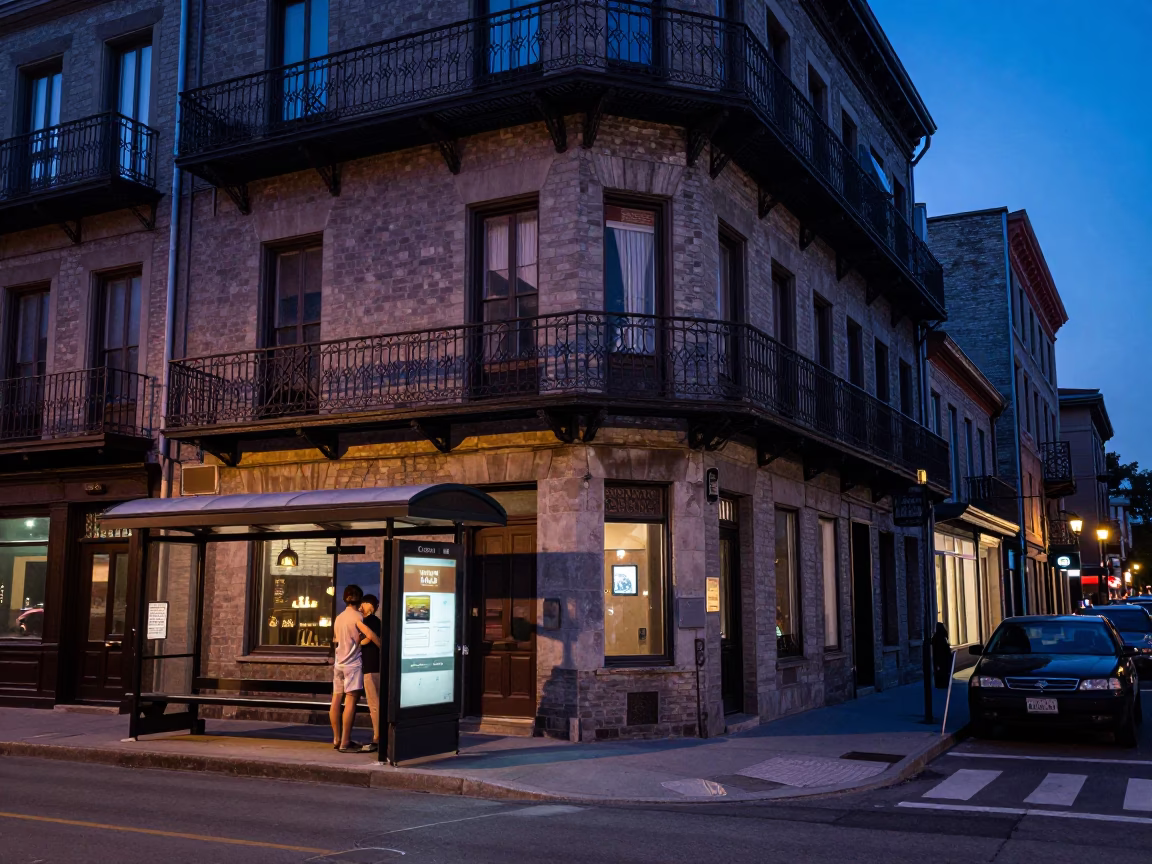 Montreal Indigo Twilight Street Scene with Vintage 1980s Details and Local Architecture in in Montreal, Quebec, Canada