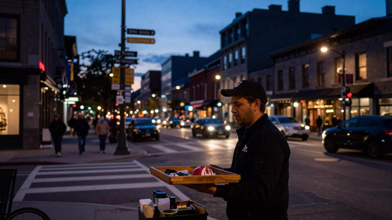 Montreal Indigo Twilight Street Scene with Wooden Tray and Crayon Box in in Montreal, Quebec, Canada