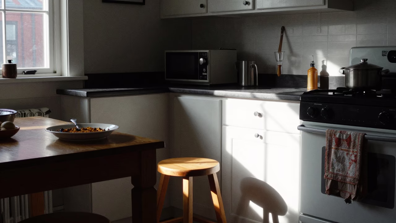 Montreal Kitchen Interior with Cassoulet Plate and Cupboard Doors in in Montreal, Quebec, Canada