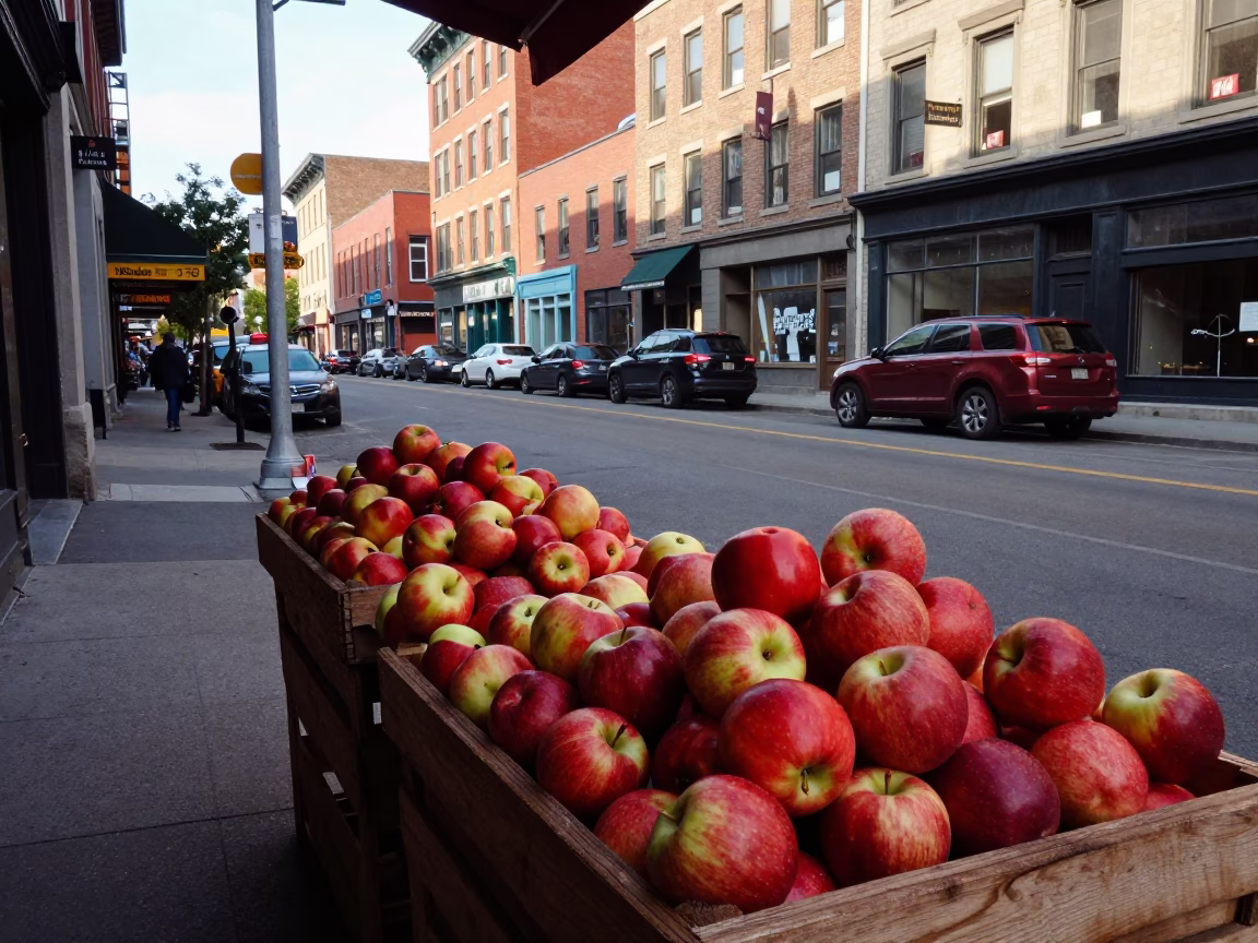 Montreal Late Afternoon Street Scene with Apples and Table Fan in in Montreal, Quebec, Canada
