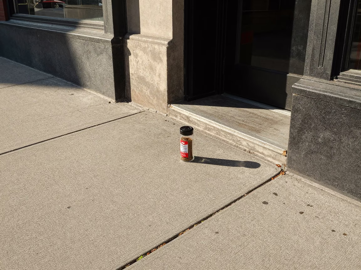 Montreal Late Afternoon Street Scene with Spice Jar and Pin Tin on Concrete in in Montreal, Quebec, Canada