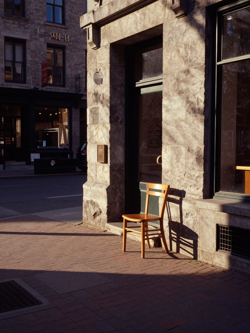 Montreal Late Afternoon Street Scene with Wooden Chair and Vintage Urban Details in in Montreal, Quebec, Canada