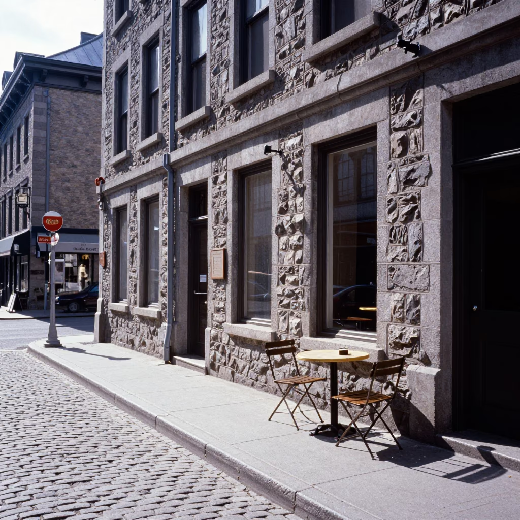 Montreal Late Morning Street Scene with Local Cafe Details in in Montreal, Quebec, Canada